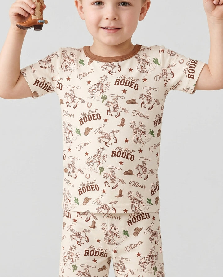 Custom Name First Rodeo Family Matching Bamboo Two Piece Short Sleeve Shorts Pajama Set
