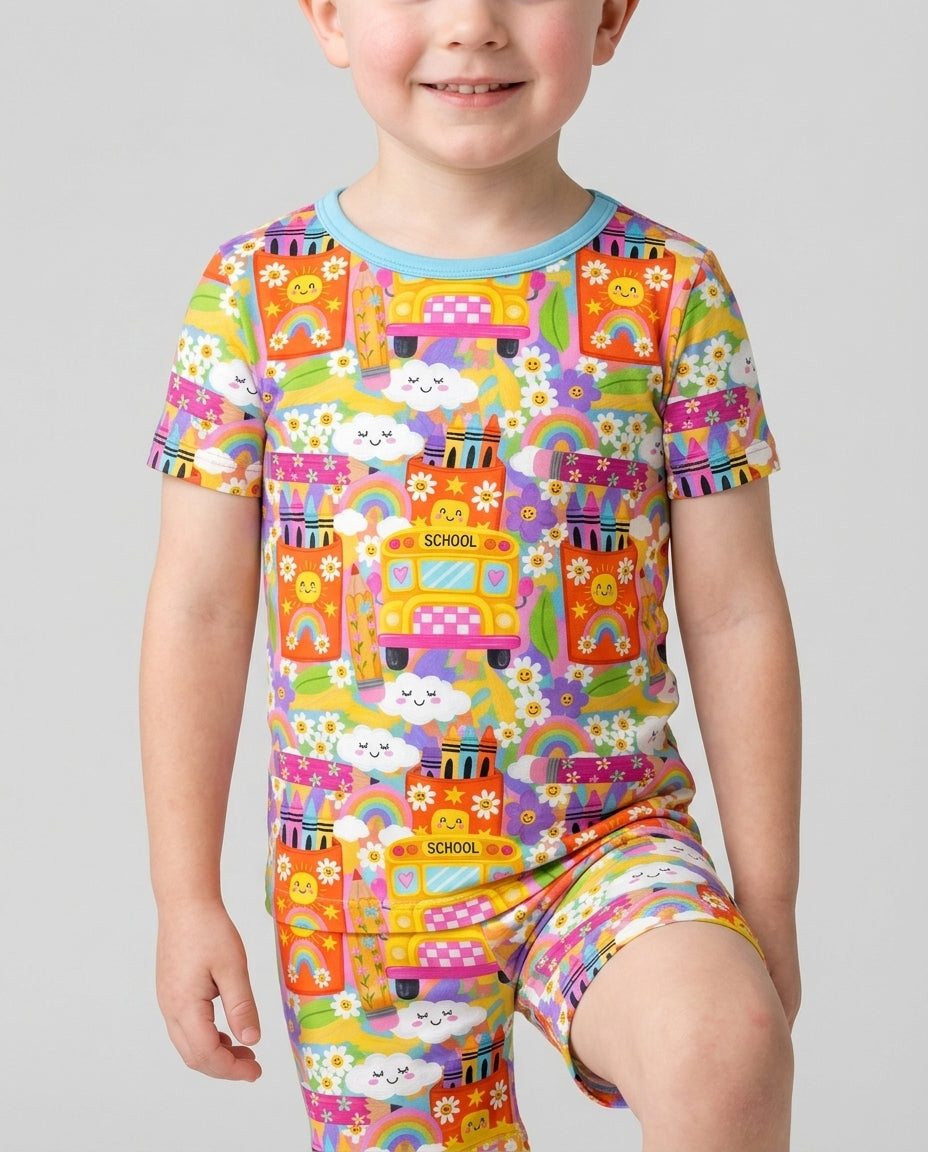 Retro Happy Classroom Bamboo Two Piece Short Sleeve Shorts Pajama Set