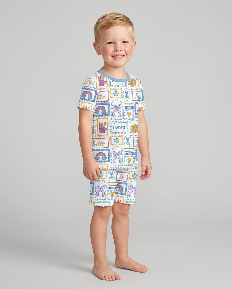 Custom Name Hello School Bamboo Two Piece Short Sleeve Shorts Pajama Set