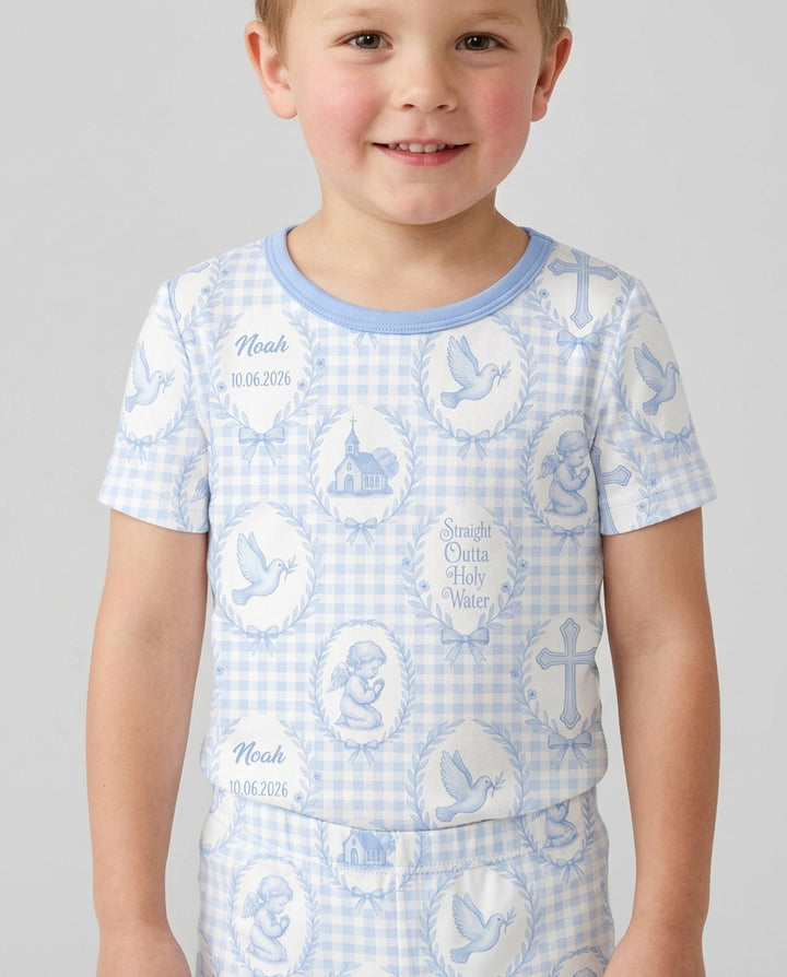 Custom Name Baptism Straight Outta Holy Water Bamboo Two Piece Short Sleeve Shorts Pajama Set