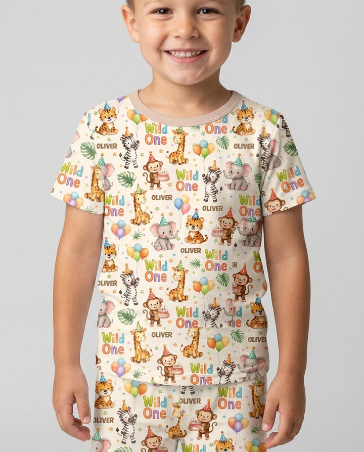 Custom Name 1st Birthday Wild One Bamboo Two Piece Short Sleeve Shorts Pajama Set