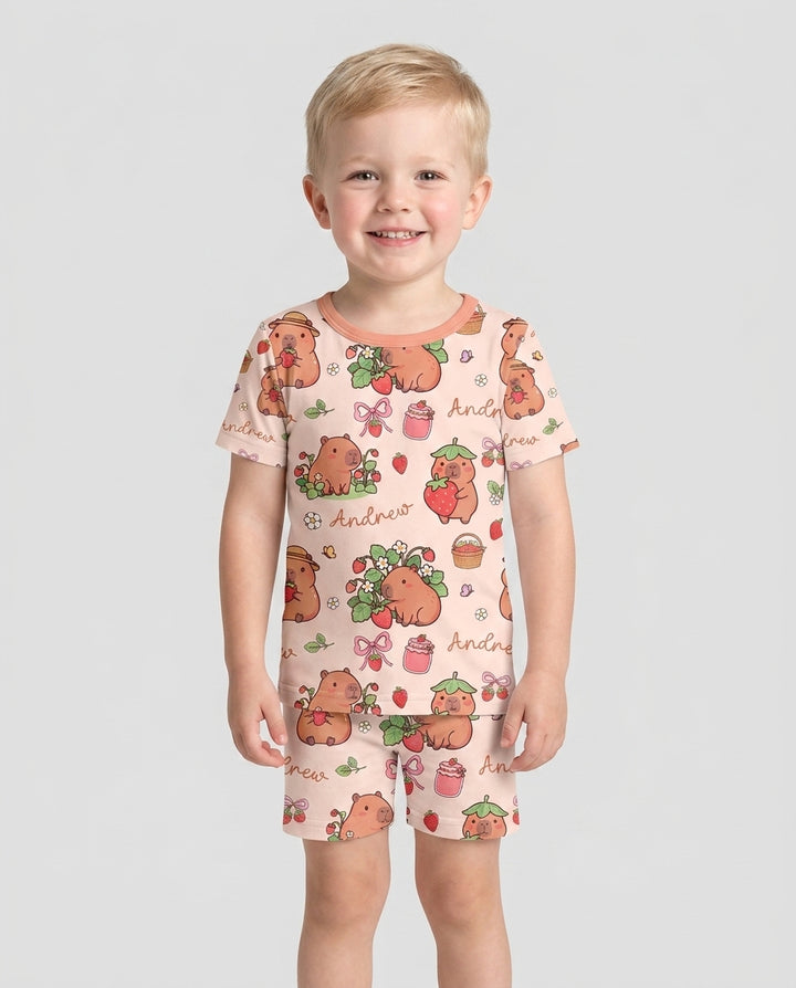 Custom Name Capybara Strawberry Bamboo Two Piece Short Sleeve Shorts Pajama Set