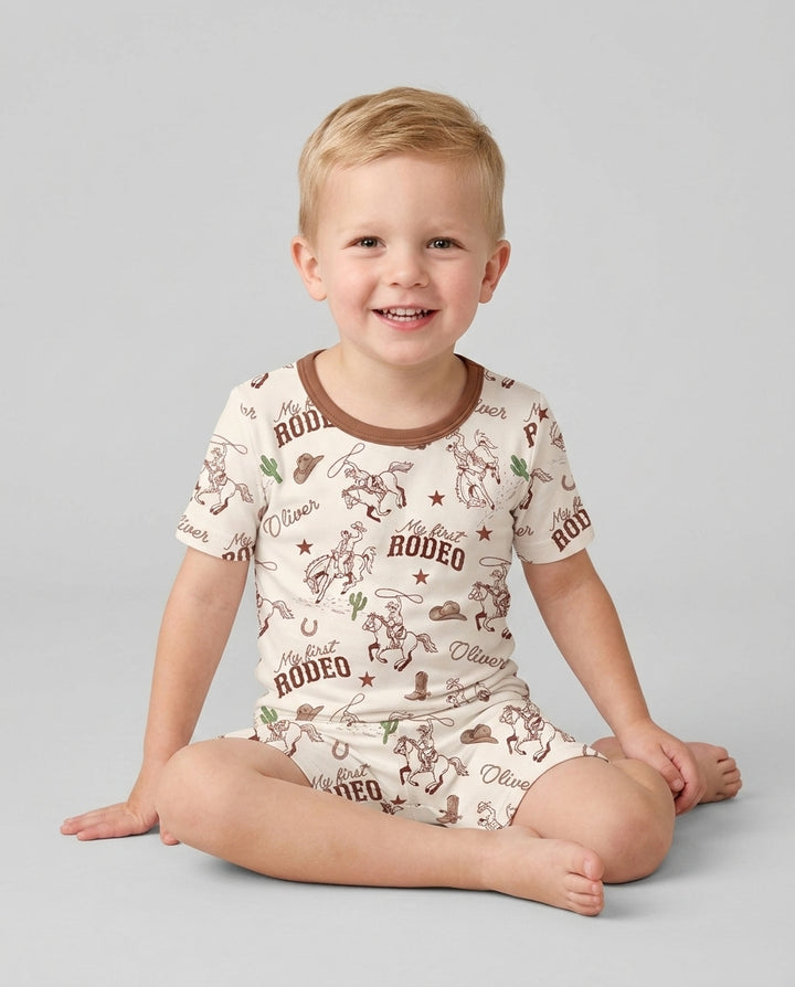 Custom Name First Rodeo Family Matching Bamboo Two Piece Short Sleeve Shorts Pajama Set
