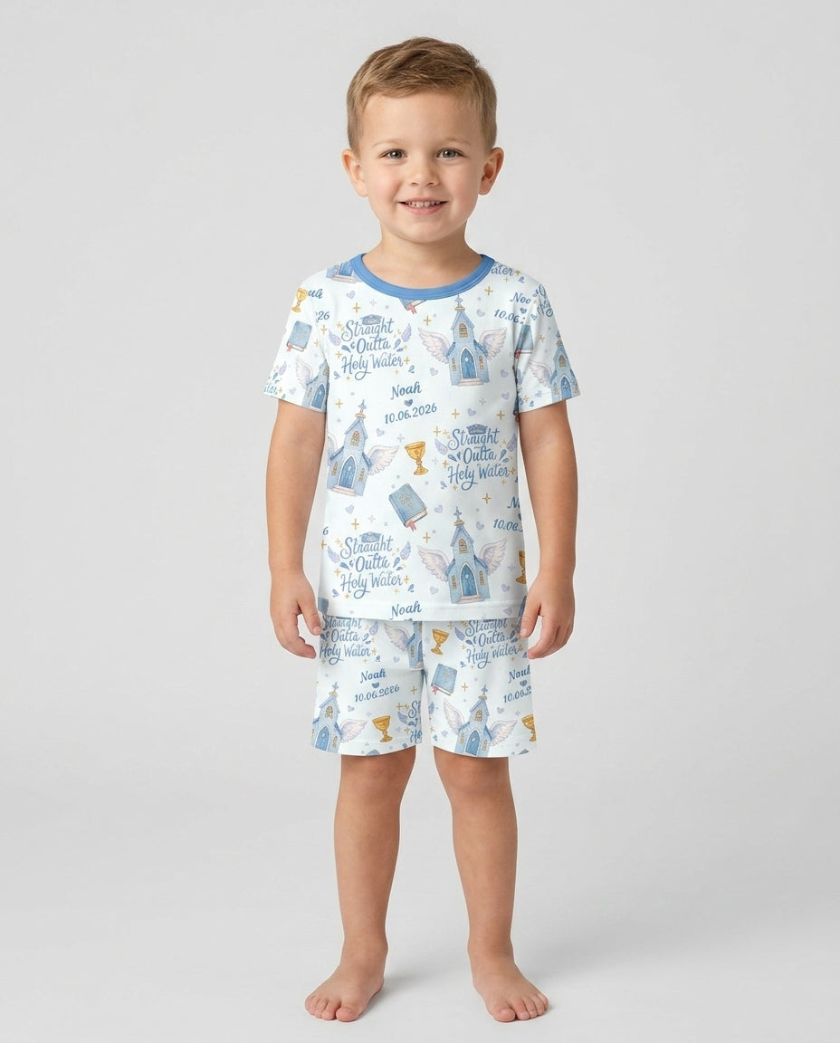 Custom Name Baptism Christening Straight Outta Holy Water Bamboo Two Piece Short Sleeve Shorts Pajama Set