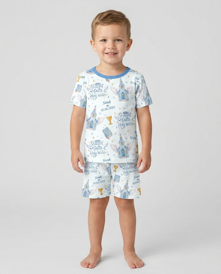 Custom Name Baptism Christening Straight Outta Holy Water Bamboo Two Piece Short Sleeve Shorts Pajama Set