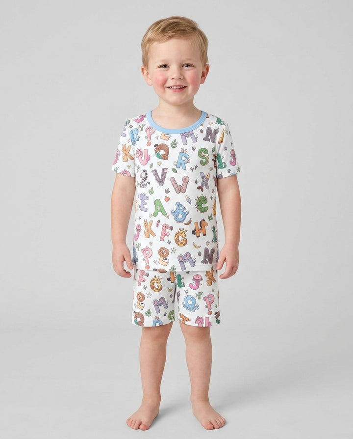 Animals Alphabet Bamboo Two Piece Short Sleeve Shorts Pajama Set