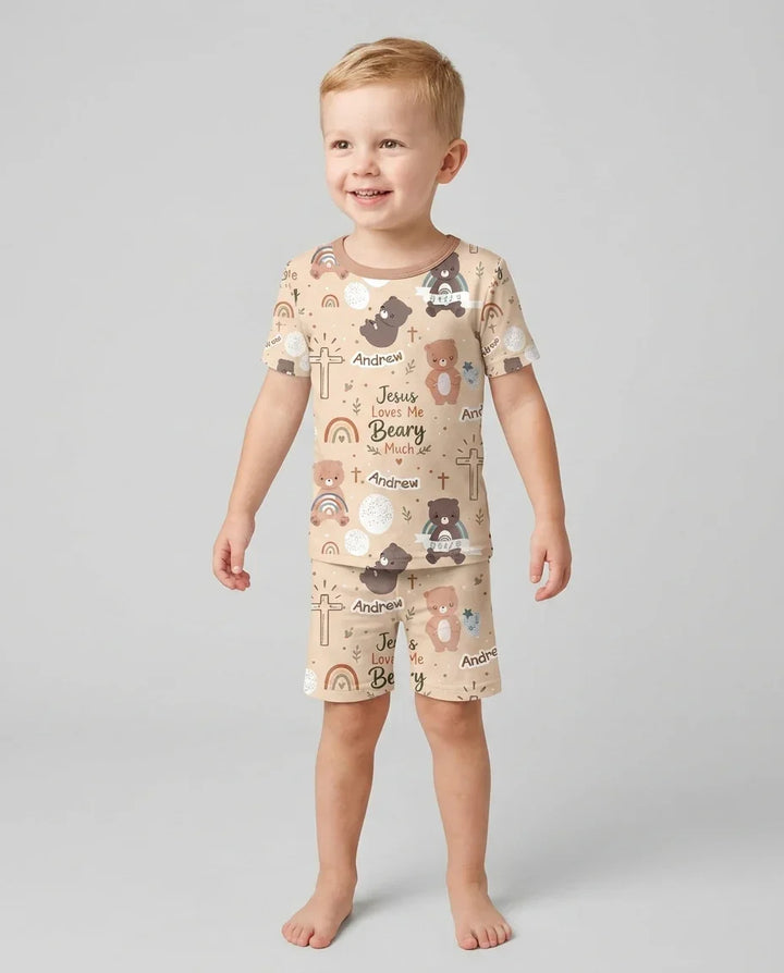 Custom Name Jesus Loves Me Beary Much Bamboo Two Piece Short Sleeve Shorts Pajama Set