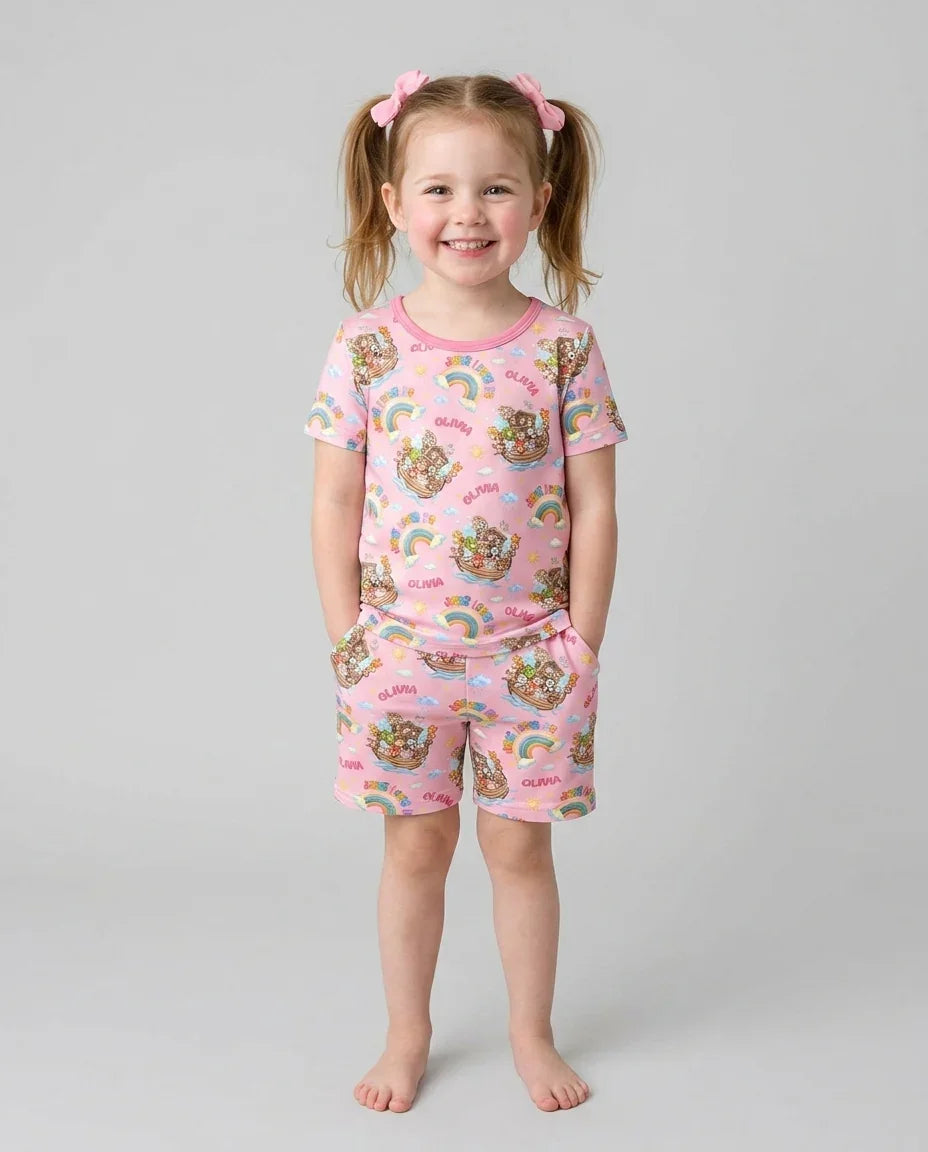 Custom Name Jesus Loves Me Noah's Ark Bamboo Two Piece Short Sleeve Shorts Pajama Set