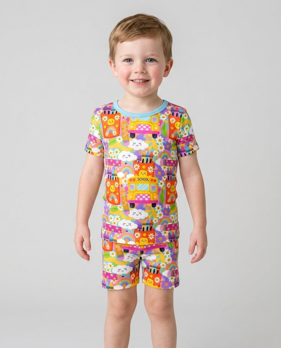 Retro Happy Classroom Bamboo Two Piece Short Sleeve Shorts Pajama Set
