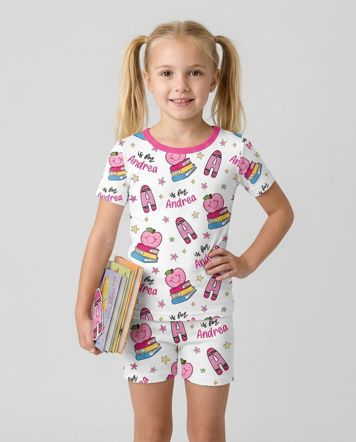 Custom Name Crayon Alphabet Bamboo Two Piece Short Sleeve Shorts Pajama Set