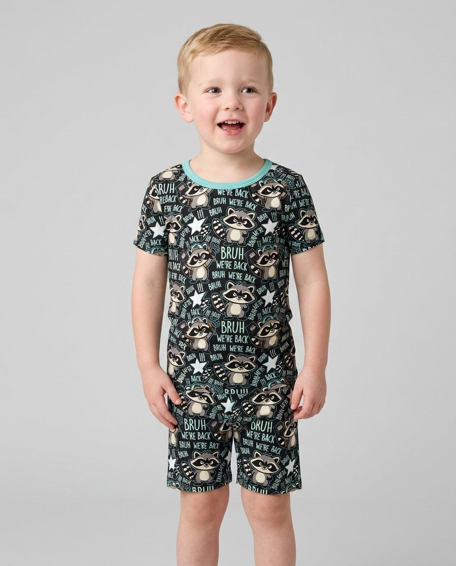 Bruh We're Back Raccoon Bamboo Two Piece Short Sleeve Shorts Pajama Set