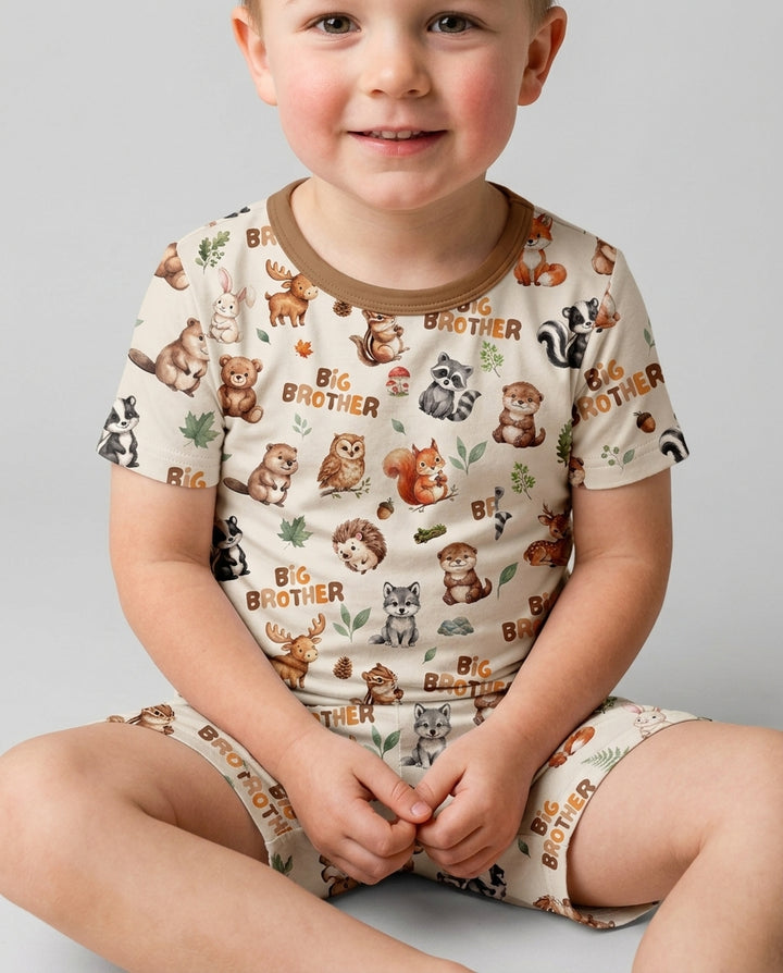 Custom Quote Woodland Animal Matching Sibling Bamboo Two Piece Short Sleeve Shorts Pajama Set