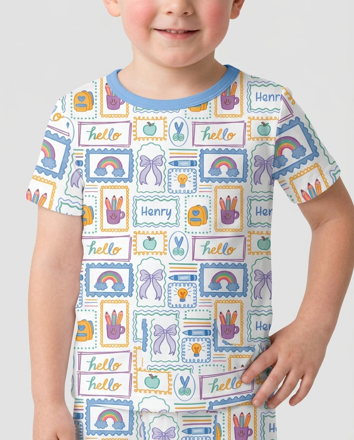 Custom Name Hello School Bamboo Two Piece Short Sleeve Shorts Pajama Set