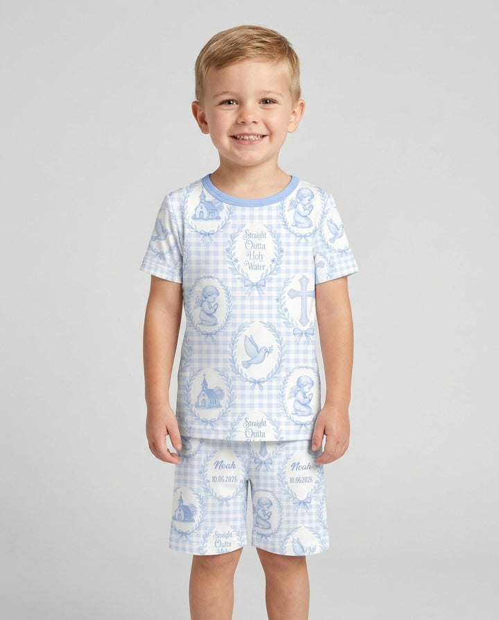 Custom Name Baptism Straight Outta Holy Water Bamboo Two Piece Short Sleeve Shorts Pajama Set