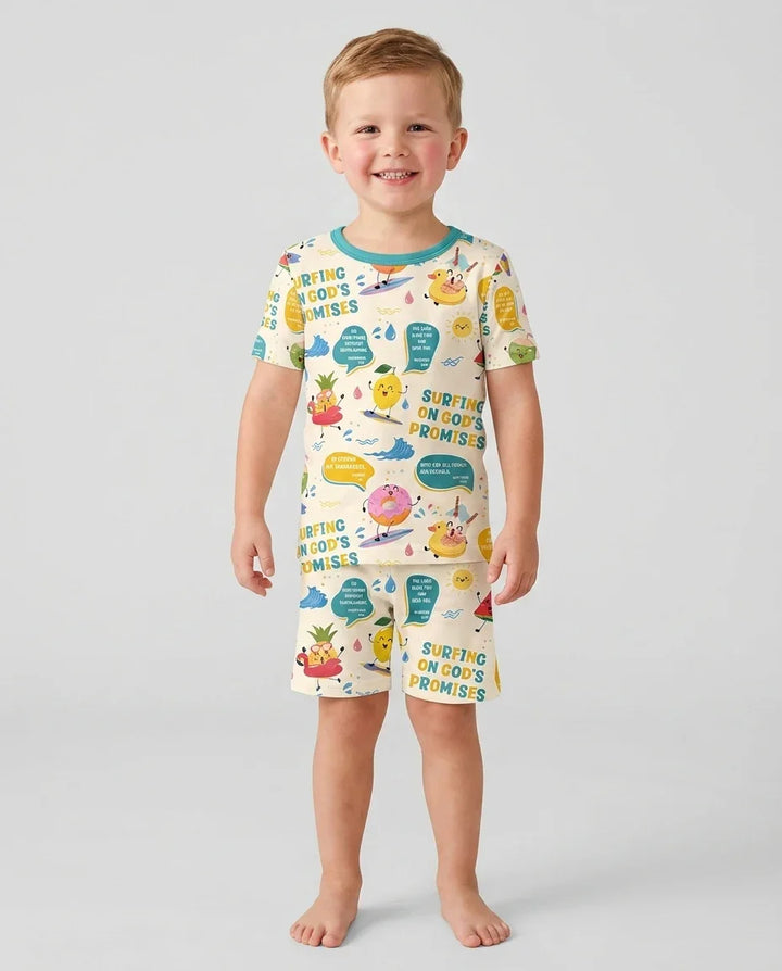 Summer Fruits Surfing On God's Promises Bamboo Two Piece Short Sleeve Shorts Pajama Set