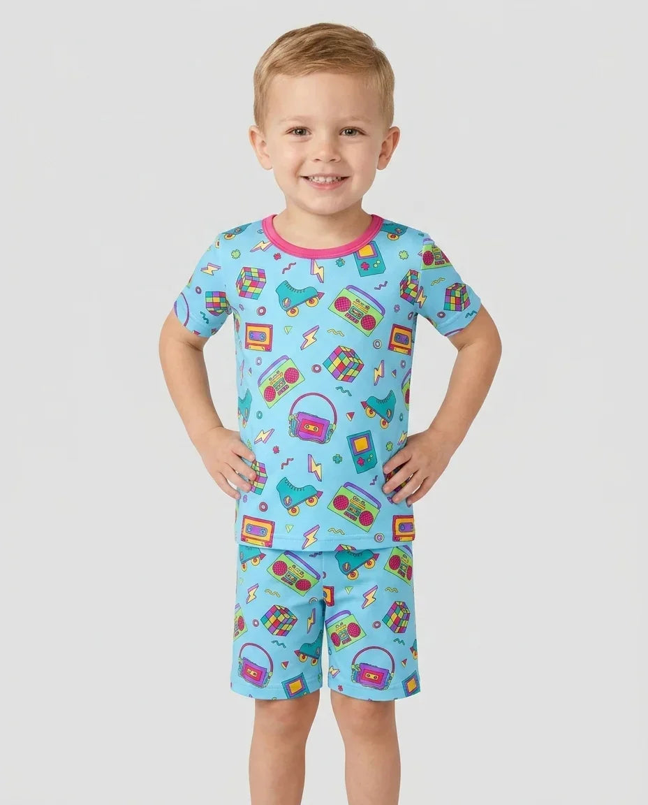 80s Retro Neon Bamboo Two Piece Short Sleeve Shorts Pajama Set