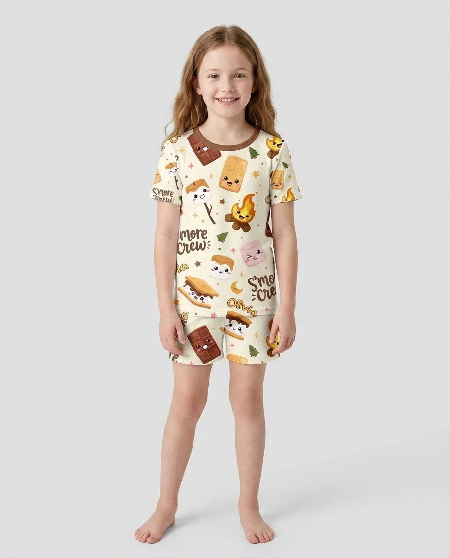 Custom Name Kawaii S'more Crew Family Matching Bamboo Two Piece Short Sleeve Shorts Pajama Set