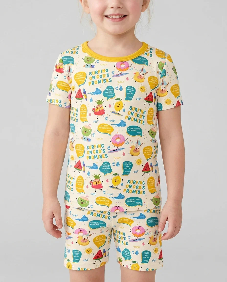 Summer Fruits Surfing On God's Promises Bamboo Two Piece Short Sleeve Shorts Pajama Set