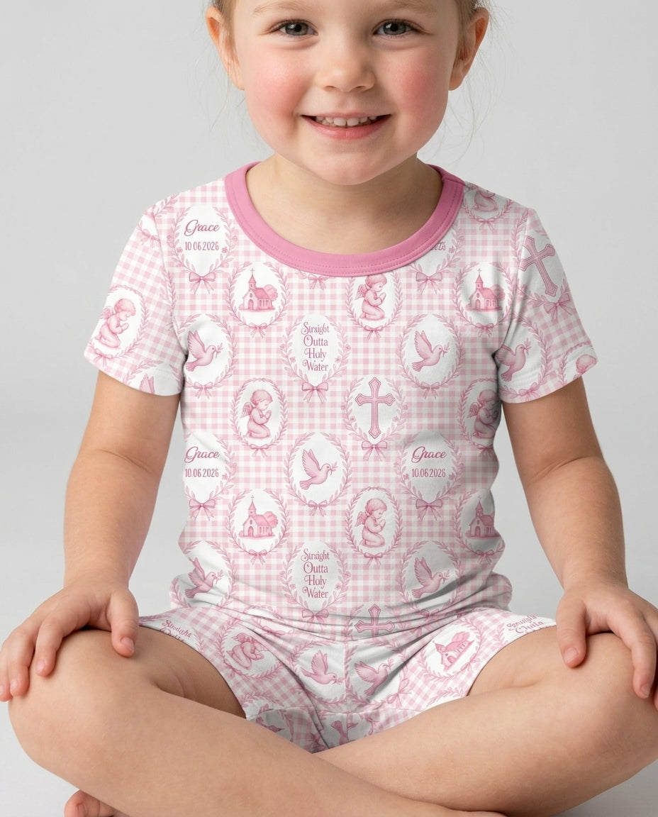 Custom Name Baptism Straight Outta Holy Water Bamboo Two Piece Short Sleeve Shorts Pajama Set