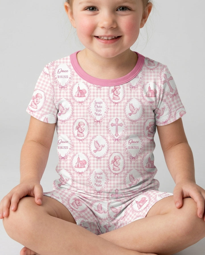 Custom Name Baptism Straight Outta Holy Water Bamboo Two Piece Short Sleeve Shorts Pajama Set