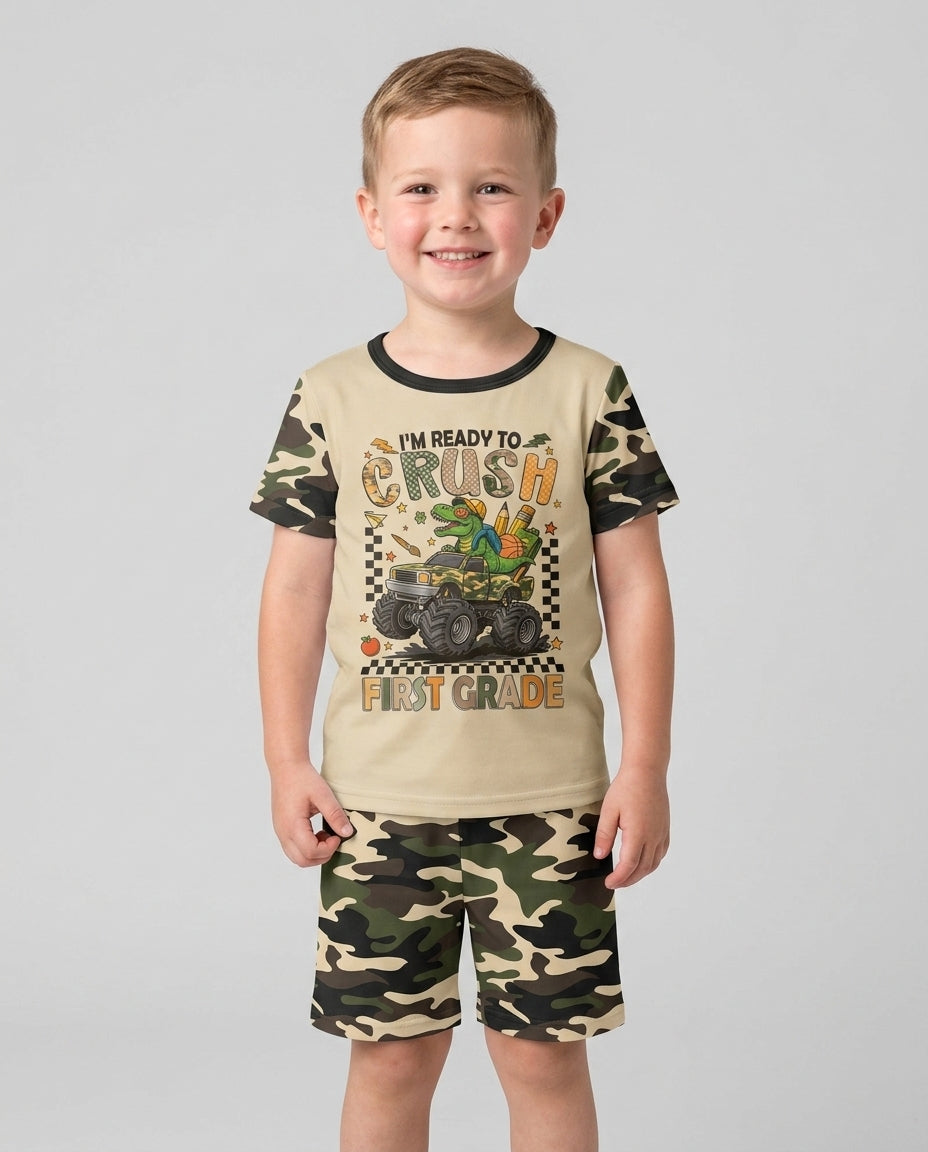 Back To School Monster Truck Dino Bamboo Two Piece Short Sleeve Shorts Pajama Set