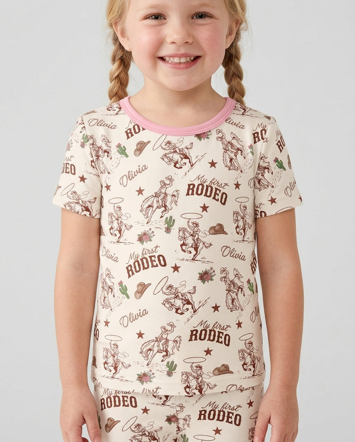 Custom Name First Rodeo Family Matching Bamboo Two Piece Short Sleeve Shorts Pajama Set