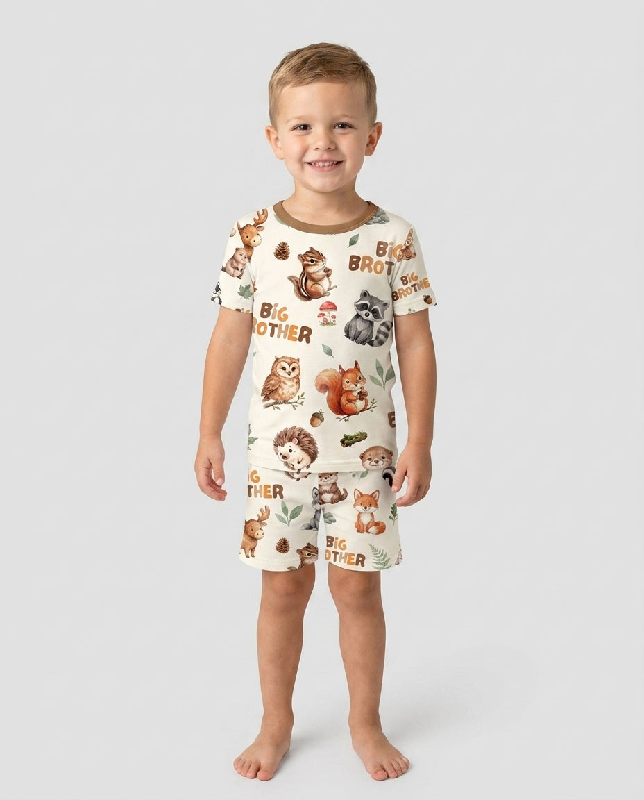 Custom Quote Woodland Animal Matching Sibling Bamboo Two Piece Short Sleeve Shorts Pajama Set