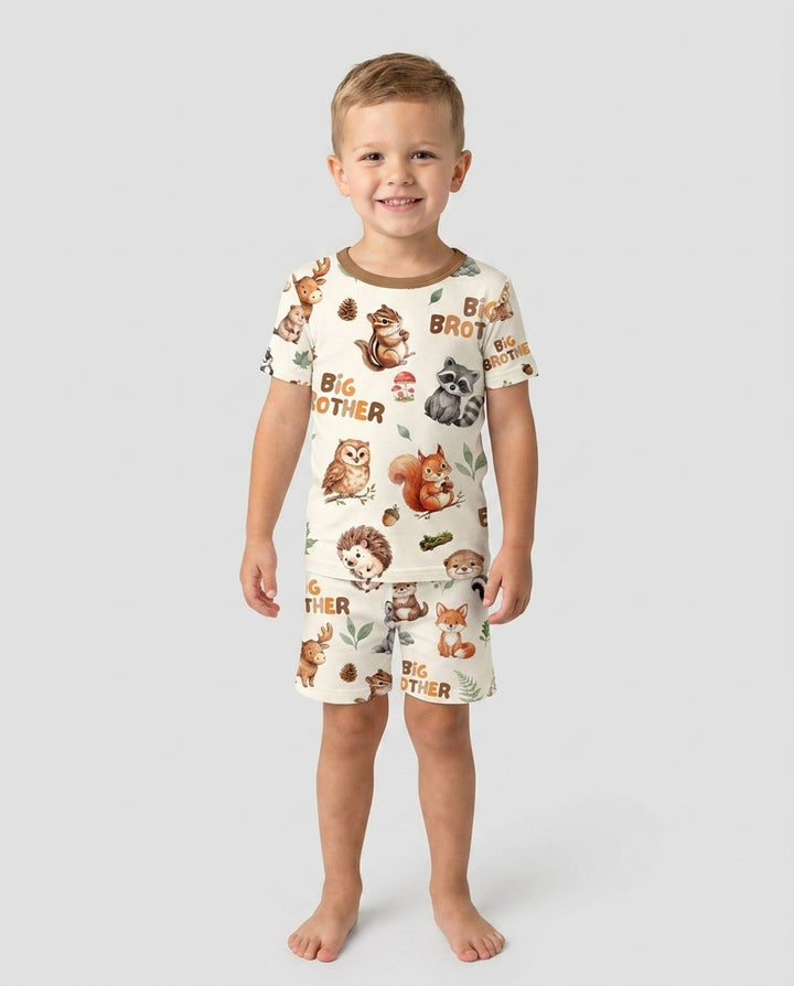 Custom Quote Woodland Animal Matching Sibling Bamboo Two Piece Short Sleeve Shorts Pajama Set