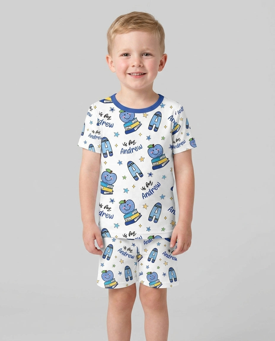 Custom Name Crayon Alphabet Bamboo Two Piece Short Sleeve Shorts Pajama Set