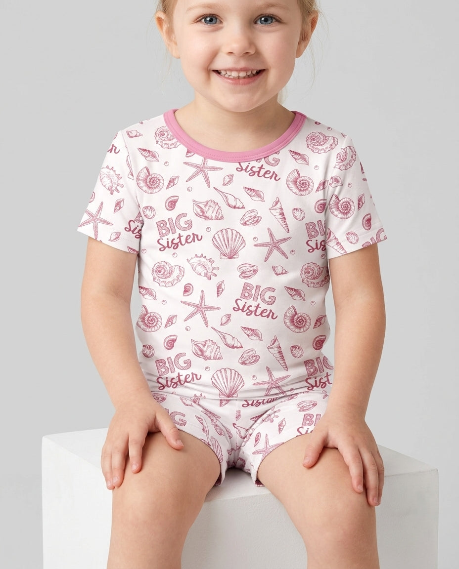 Coquette Seashell Matching Sibling Bamboo Two Piece Short Sleeve Shorts Pajama Set