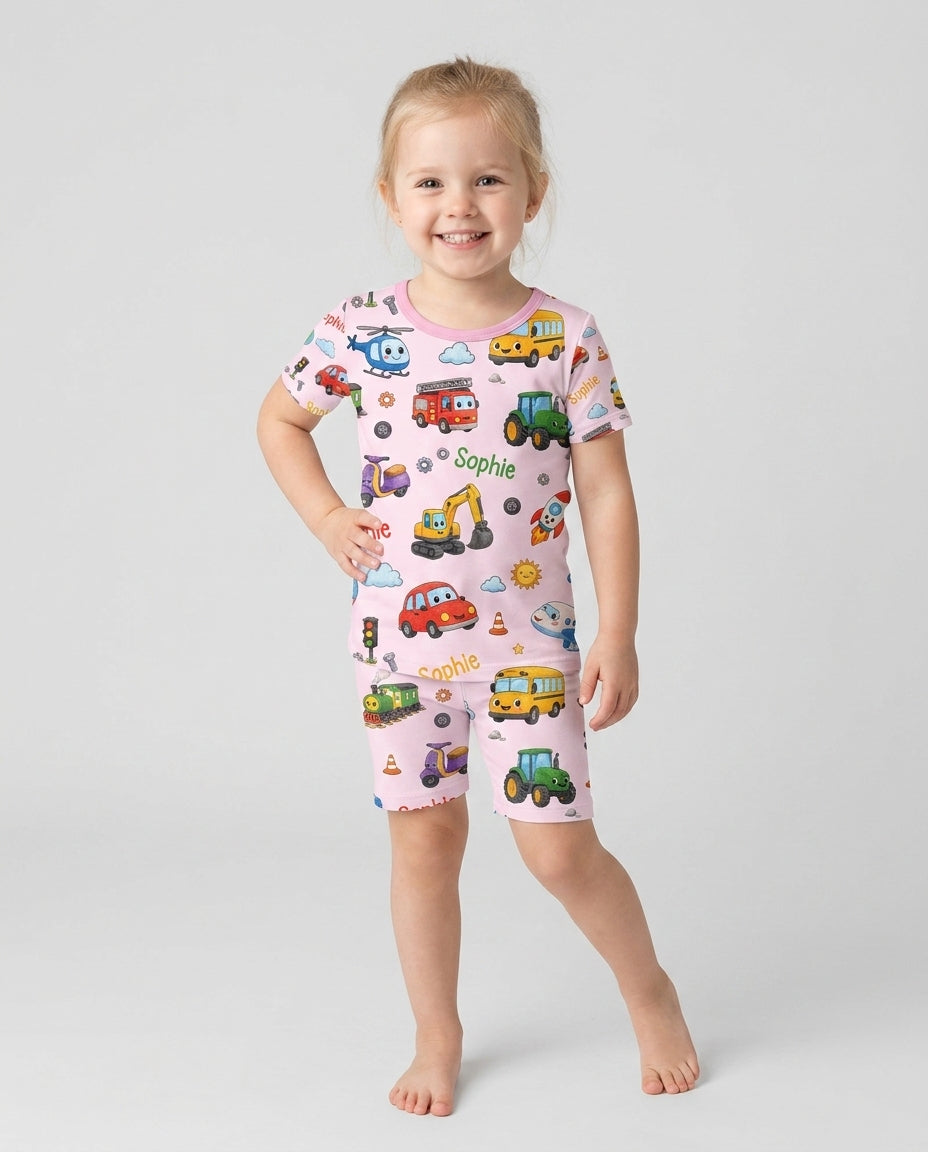 Custom Name Cute Transport Bamboo Two Piece Short Sleeve Shorts Pajama Set