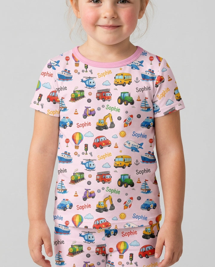 Custom Name Cute Transport Bamboo Two Piece Short Sleeve Shorts Pajama Set