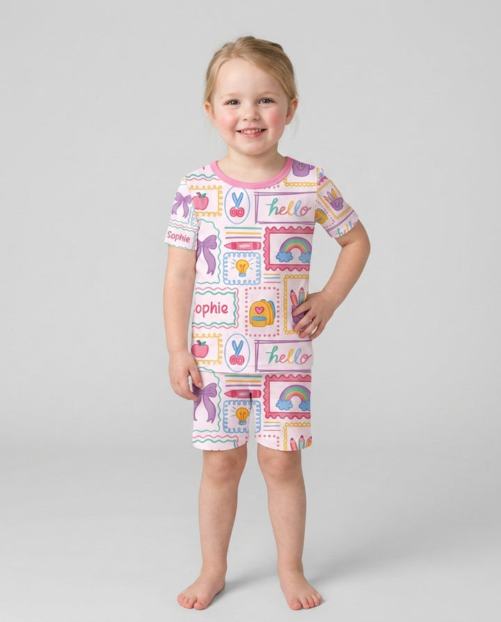 Custom Name Hello School Bamboo Two Piece Short Sleeve Shorts Pajama Set