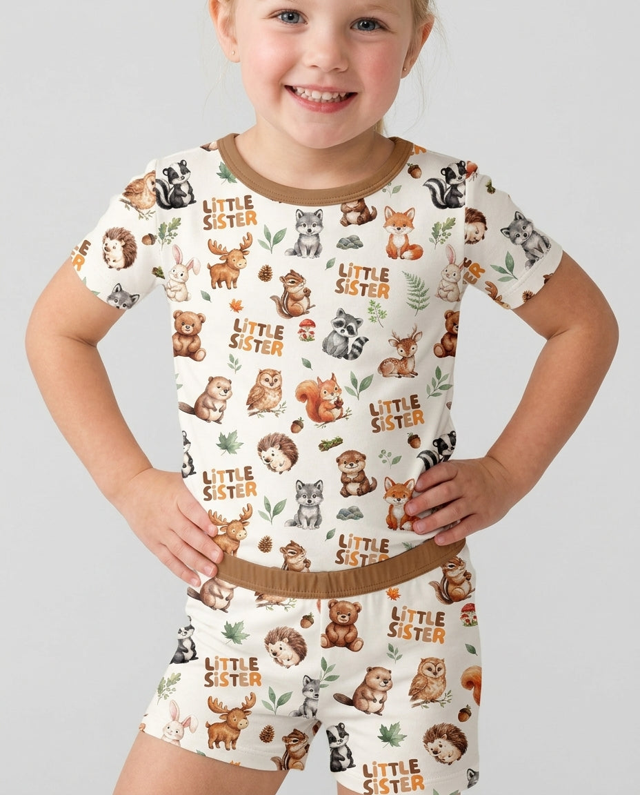 Custom Quote Woodland Animal Matching Sibling Bamboo Two Piece Short Sleeve Shorts Pajama Set