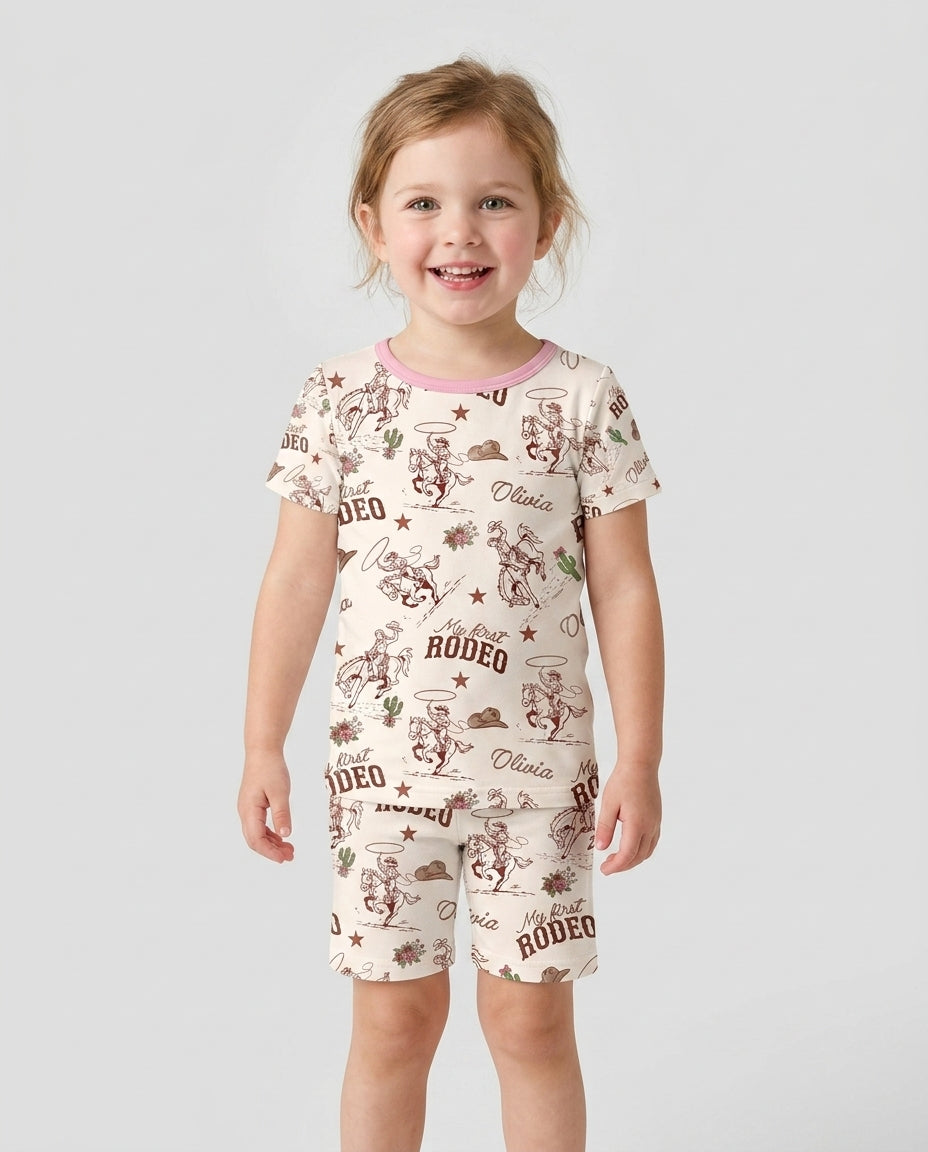 Custom Name First Rodeo Family Matching Bamboo Two Piece Short Sleeve Shorts Pajama Set
