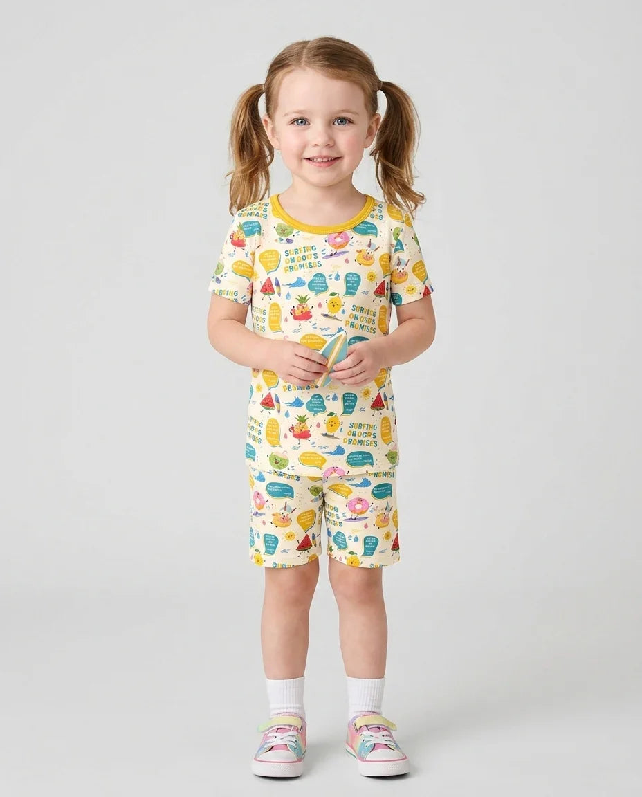 Summer Fruits Surfing On God's Promises Bamboo Two Piece Short Sleeve Shorts Pajama Set