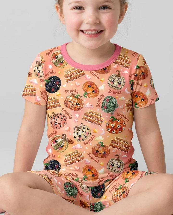 Custom Name You're A Glitter Pumpkin Bamboo Two Piece Short Sleeve Shorts Pajama Set