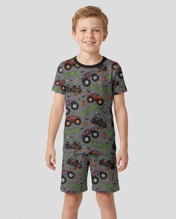 Custom Name Haunted Monster Trucks  Bamboo Two Piece Short Sleeve Shorts Pajama Set