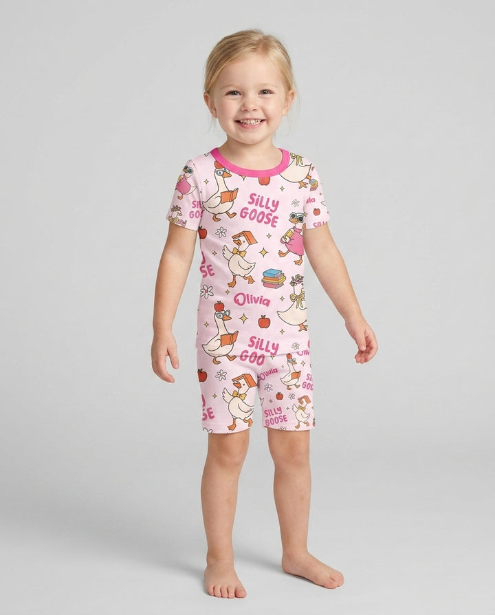 Custom Name Silly Goose Back to School Bamboo Two Piece Short Sleeve Shorts Pajama Set