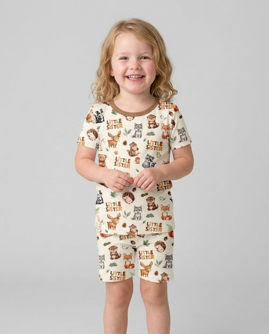 Custom Quote Woodland Animal Matching Sibling Bamboo Two Piece Short Sleeve Shorts Pajama Set