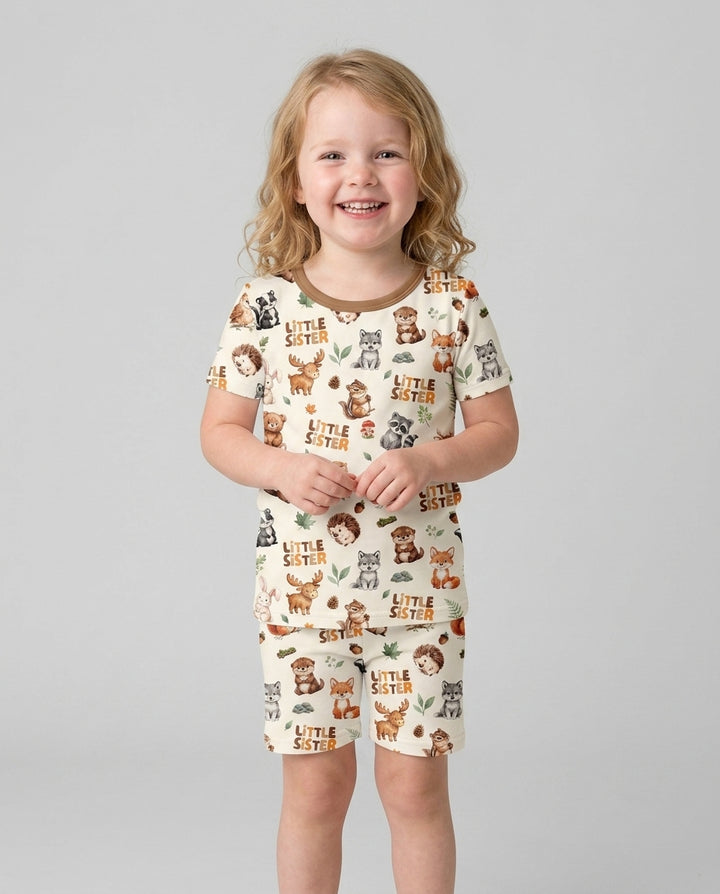 Custom Quote Woodland Animal Matching Sibling Bamboo Two Piece Short Sleeve Shorts Pajama Set