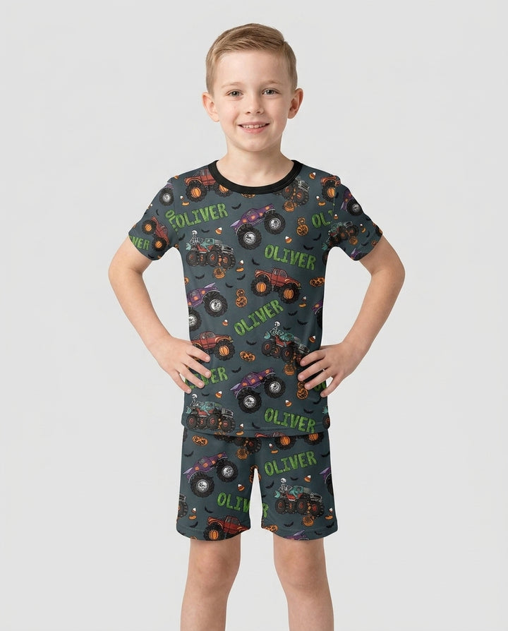 Custom Name Haunted Monster Trucks  Bamboo Two Piece Short Sleeve Shorts Pajama Set