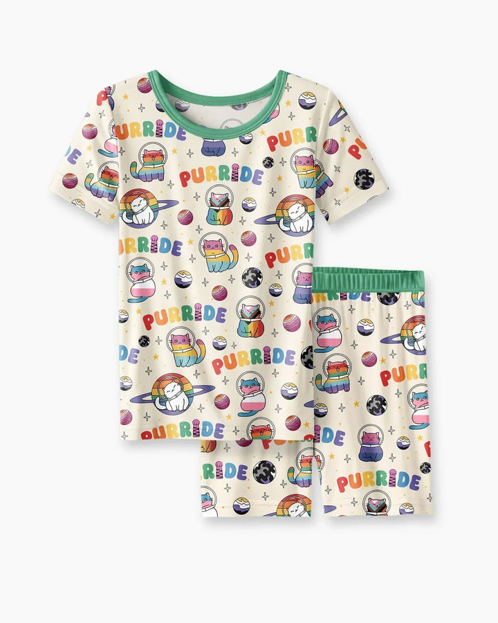Rainbow Space Cats Family Matching Bamboo Two Piece Short Sleeve Shorts Pajama Set