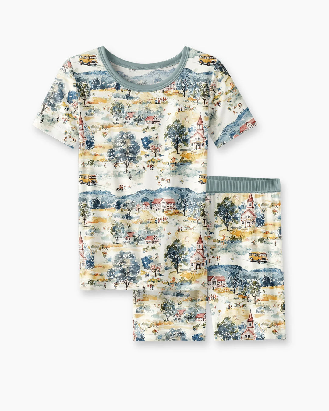 Whimsical Watercolor School Village Bamboo Two Piece Short Sleeve Shorts Pajama Set
