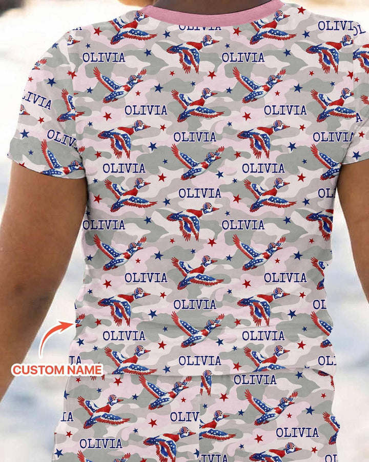 Custom Name America Mallard Duck Family Matching Bamboo Two Piece Short Sleeve Pajama Set