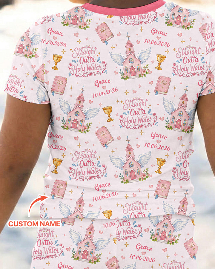 Custom Name Baptism Christening Straight Outta Holy Water Bamboo Two Piece Short Sleeve Pajama Set