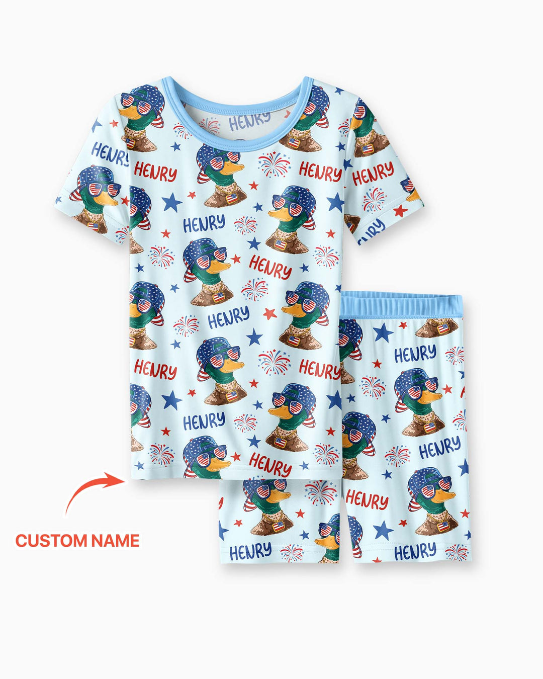 Custom Name Patriotic Mallard Duck Bamboo Two Piece Short Sleeve Shorts Pajama Set