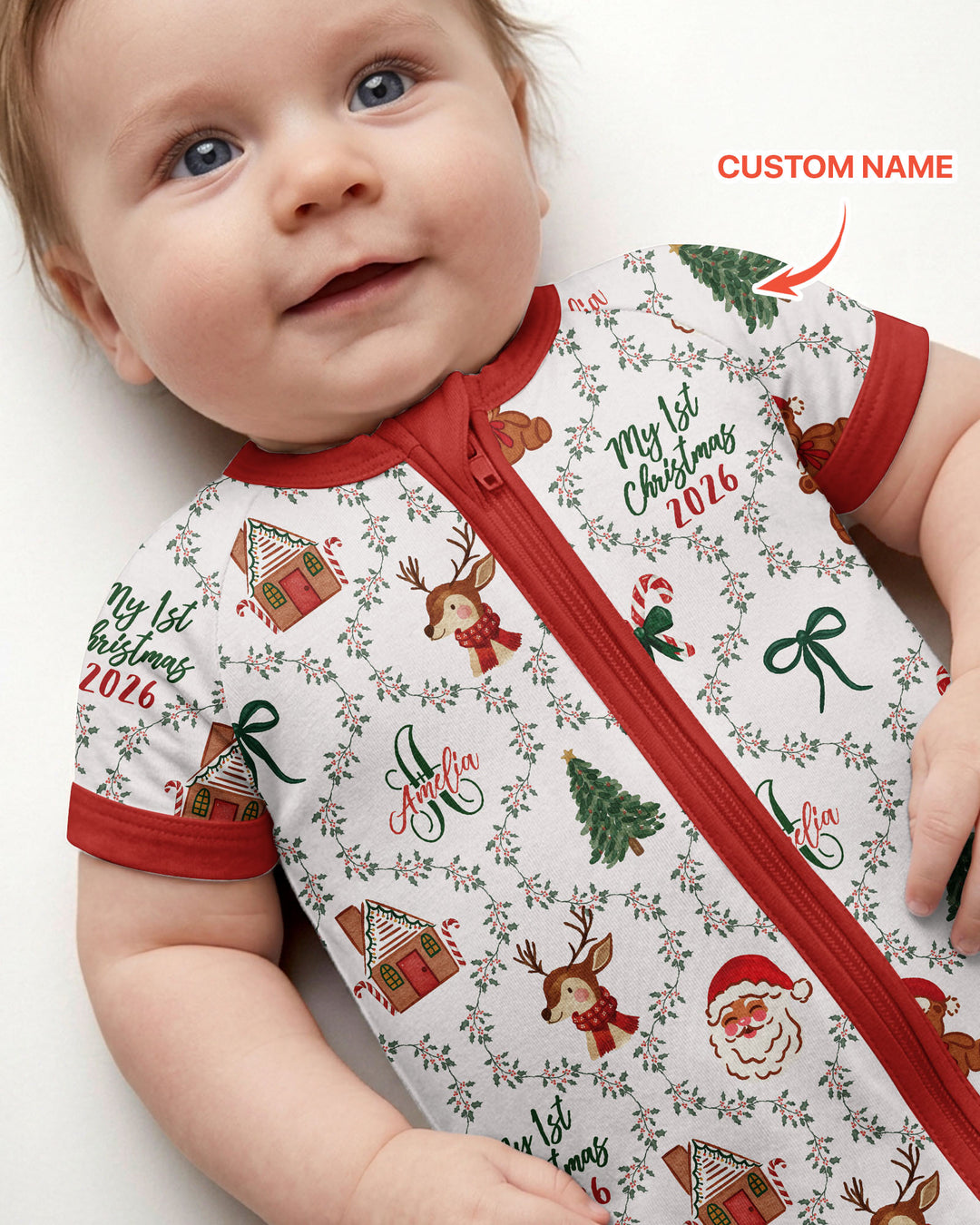 Custom name "Fancy Monogram Red Christmas 2026" Bamboo Shorty Zippy