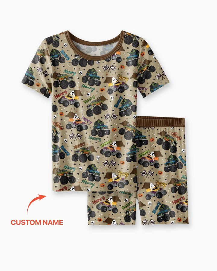 Custom Name Halloween Creepy Crusher Family Matching Bamboo Two Piece Short Sleeve Shorts Pajama Set