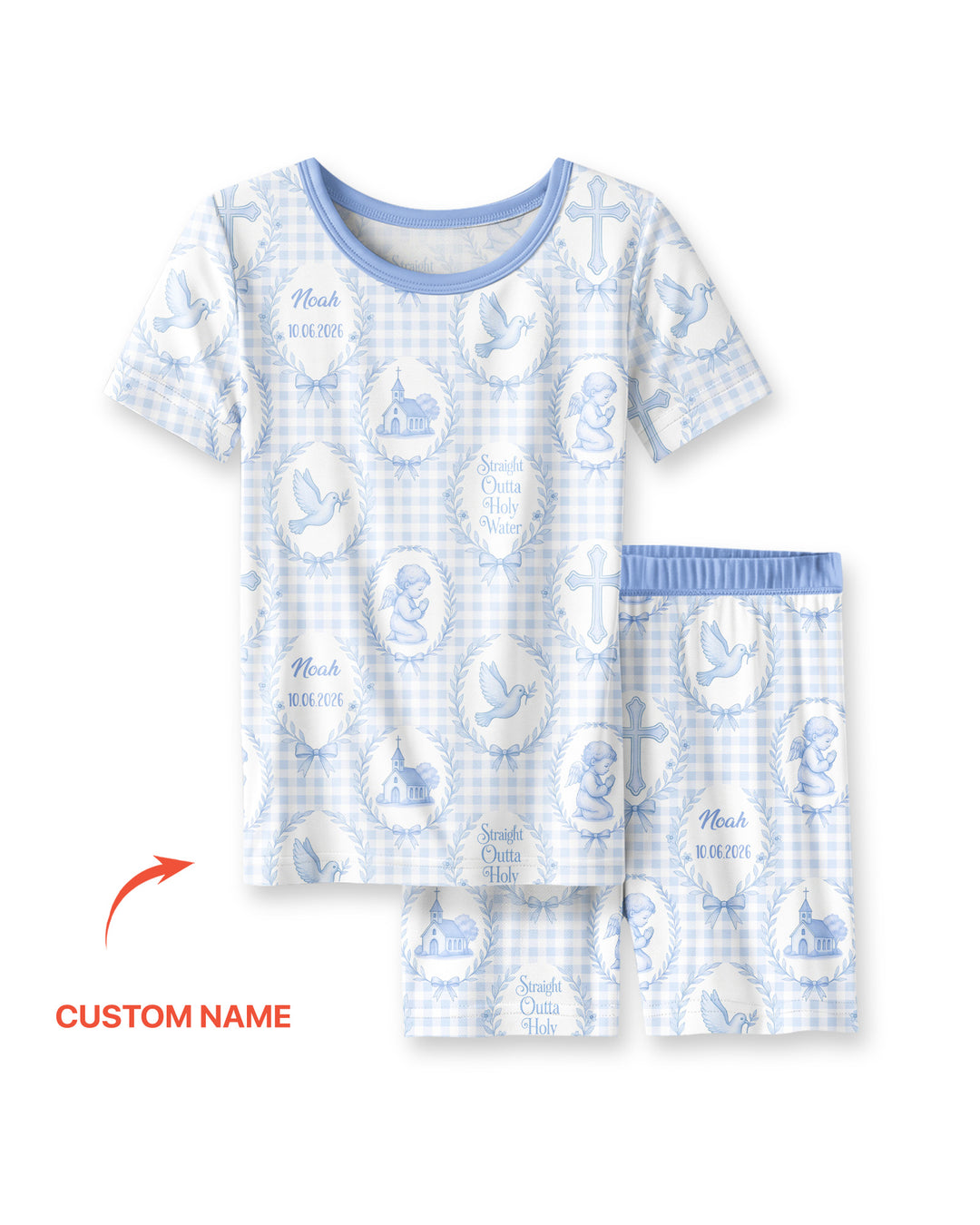 Custom Name Baptism Straight Outta Holy Water Bamboo Two Piece Short Sleeve Shorts Pajama Set